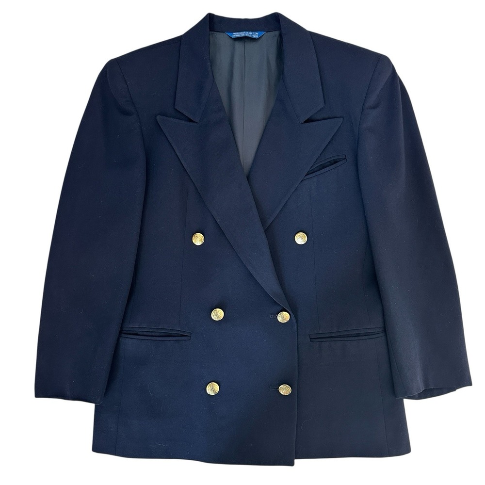 Austin Reed Blazer Womens 4 Navy Blue 100% Wool Double Breasted Gold Buttons USA